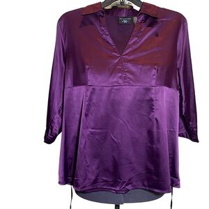 New Additions Maternity XL purple tie back 3/4 sleeve V neck side zipper blouse